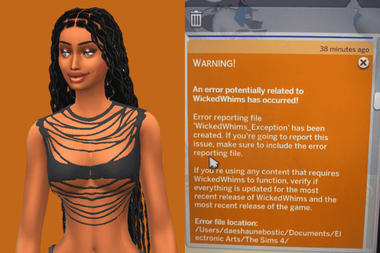 WickedWhims mod error message for Sims 4, showing troubleshooting advice and error report details for gameplay enhancement.