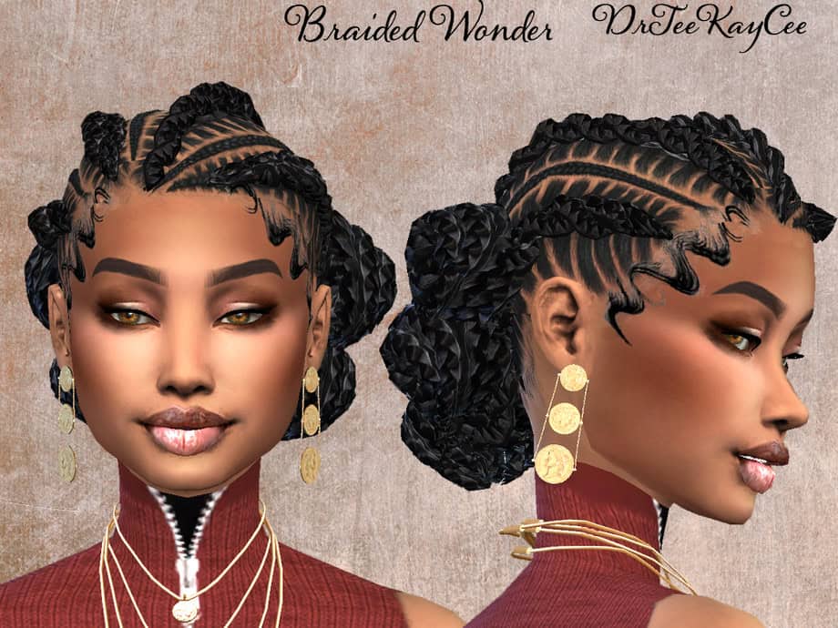 Braided hairstyle illustration featuring intricate cornrows and textured twists, styled for a fashionable and elegant look on a woman with warm skin tone. Ideal for showcasing trendy hair mods and styling ideas.