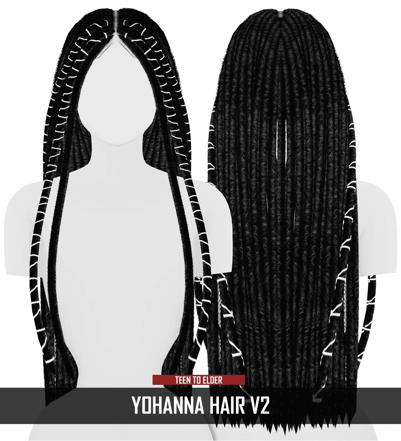 Yohanna Hair V2, customizable dreadlocks wig for teen to elder characters, perfect for cosplay, gaming, and fantasy costumes, with detailed black and white style from Must Have Mods.