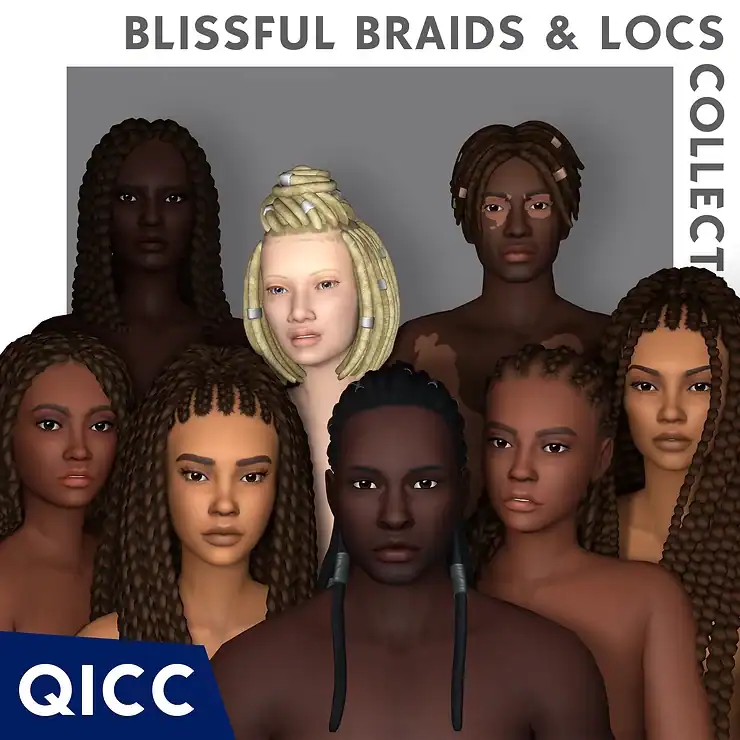 Braided hair wigs display with diverse models showcasing different blissful braids and locs styles for women.