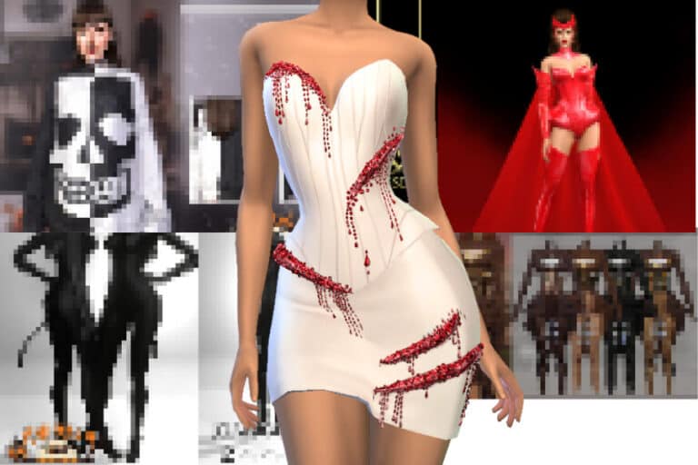Elegant white and red digital fashion dress with intricate beadwork, perfect for virtual fashion showcases and customizable avatars.