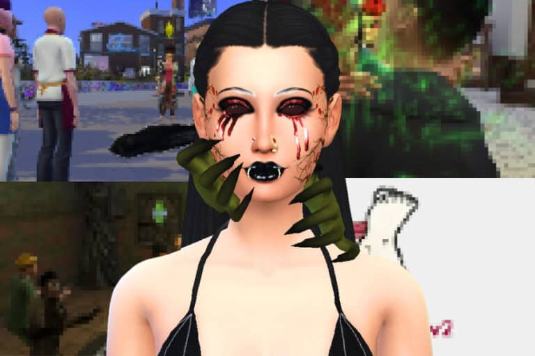 Eerie gothic female avatar with dark makeup, blood tears, and Halloween-inspired accessories, showcasing must-have mods for spooky character customization in The Sims.