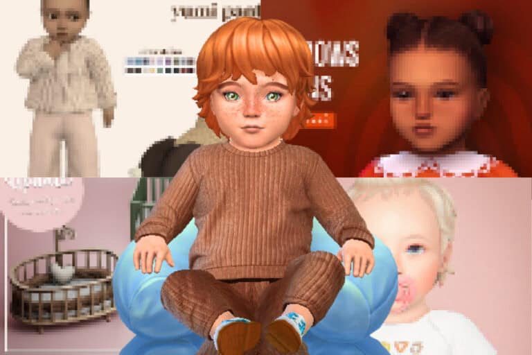 Cute animated doll character with red hair and green eyes sitting on a plush blue chair, showcasing popular mod features for virtual character customization.