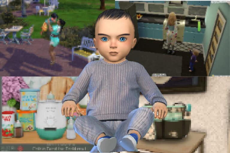 Baby with blue eyes sitting on a counter in a cozy kitchen environment.