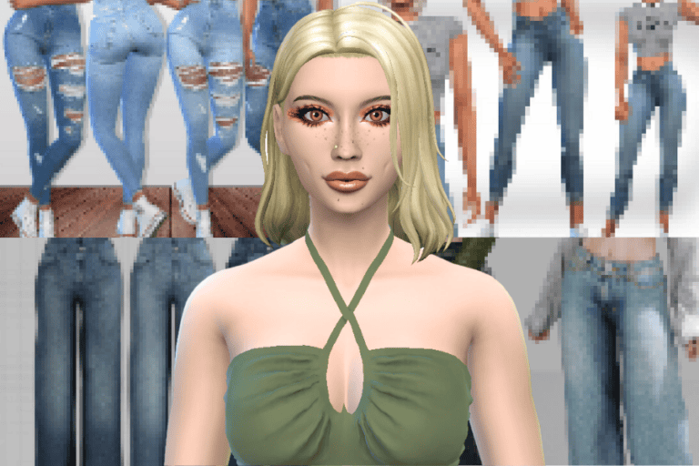 Jeans and casual clothing collection for Sims, featuring ripped jeans and stylish outfits, perfect for customizing The Sims characters and creating trendy virtual looks, Must Have Mods style.