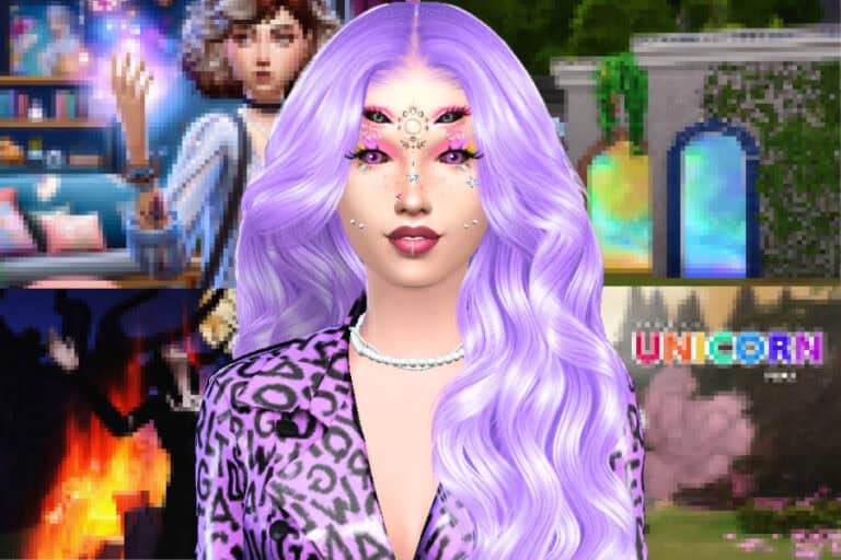 Purple-haired digital avatar with vibrant makeup and fantasy-inspired accessories, showcasing customized character mods for gaming and virtual worlds.