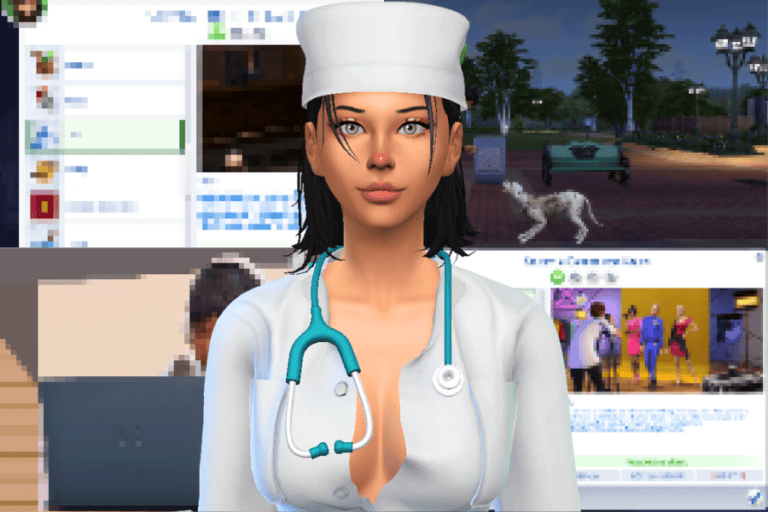 Gaming character nurse avatar wearing scrubs and stethoscope in virtual environment.