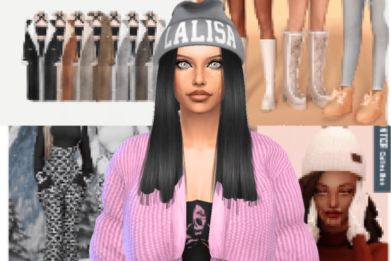 Black long straight hair virtual avatar wearing pink knit cardigan and gray beanie with "LALISA" text, digital fashion illustration for Must Have Mods.