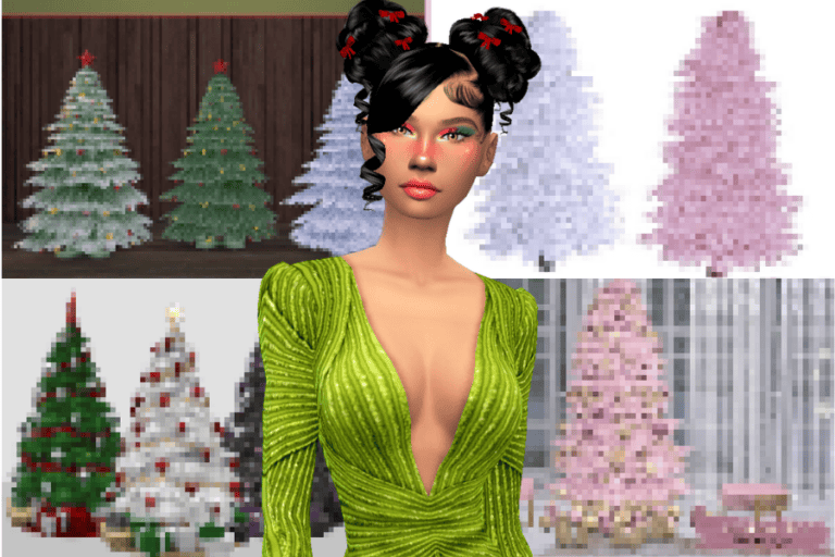 Festive Christmas trees, colorful holiday decorations, virtual ornament mods, winter holiday decor, Christmas tree customization for virtual environments.