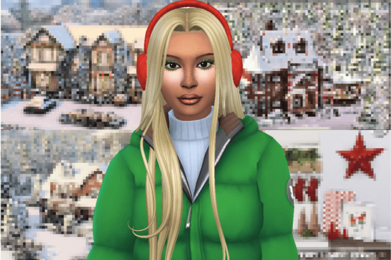 Snowy winter village scene with decorated houses and holiday ornaments, perfect for Christmas-themed gameplay in The Sims 4 with Must Have Mods.