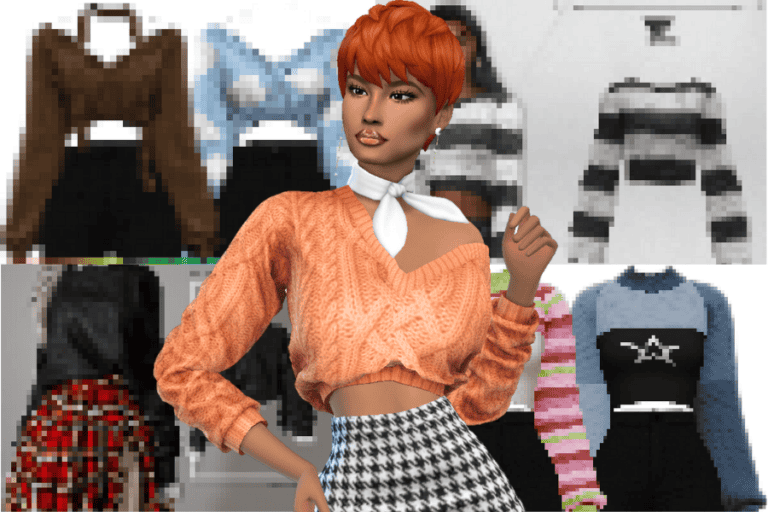 Must Have Mods fashion avatar with trendy crop top, houndstooth skirt and colorful sweaters in a digital fashion store, showcasing popular virtual fashion accessories and styles.
