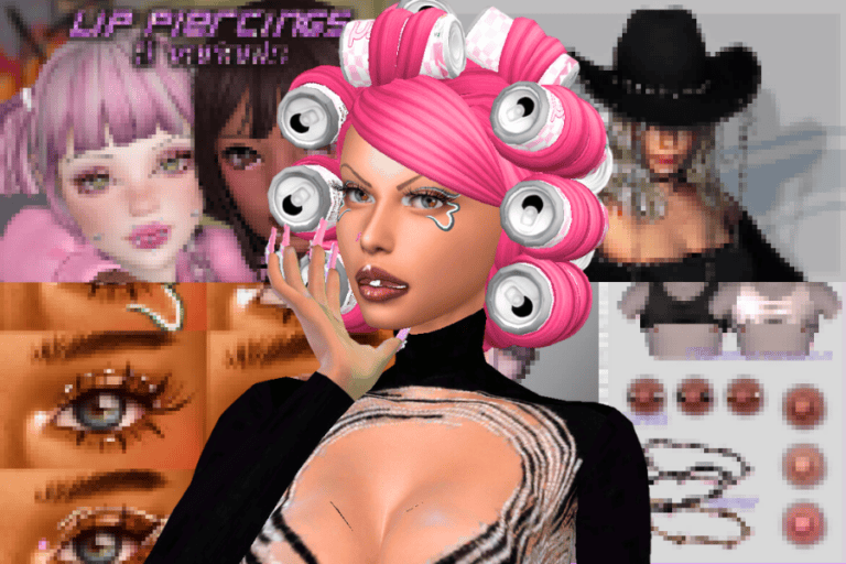 Pink hair rollers virtual hairstyle, digital avatar, Sims 4 mod, trendy beauty accessories, creative hair styling for avatars.