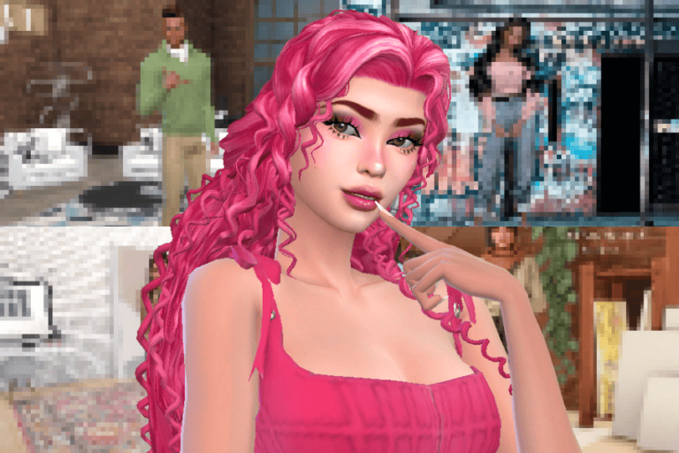Pink-haired female avatar with curly hair in a virtual modern room, showcasing popular digital character customization mods for The Sims 4.
