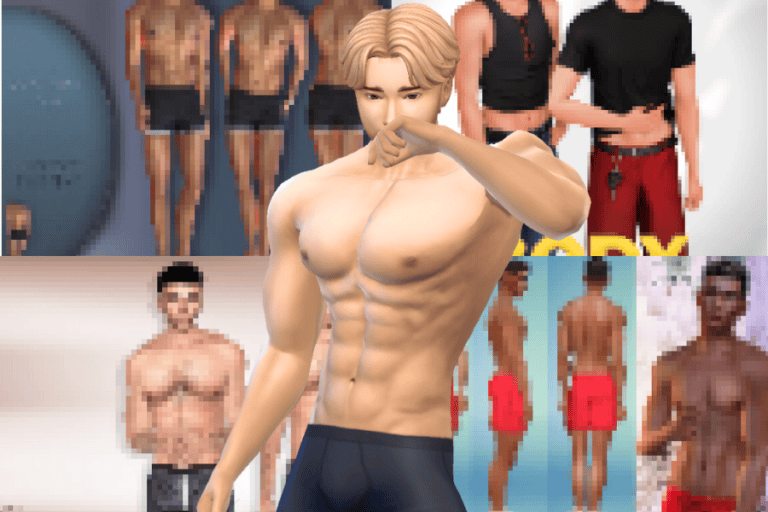 Marble male avatar with muscular physique and love heart pose, surrounded by pixelated and 3D-rendered images of male physiques, perfect for gaming mods and digital character customization.