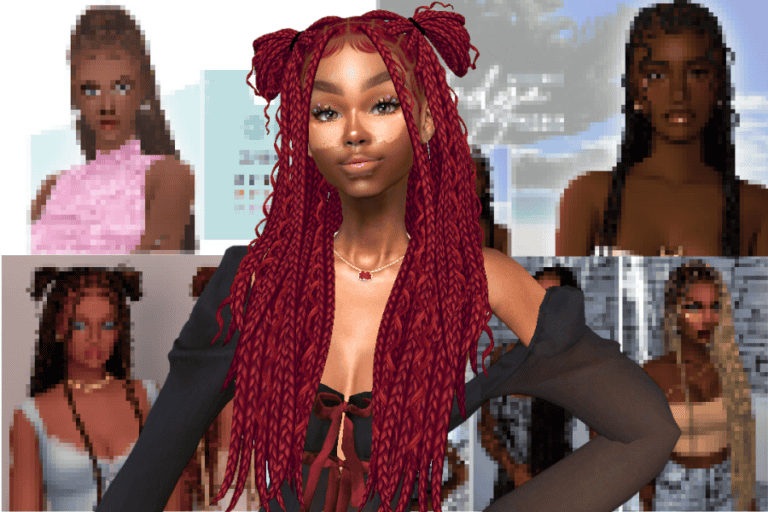 Vibrant red braided hairstyle on a stylish young woman with digital background showcasing diverse fashion and hair trends.