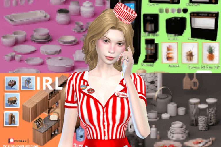 Her realistic character in colorful kitchen and home decor mods, showcasing popular Sims 4 gameplay custom content, vibrant kitchen accessories and interior design enhancements.