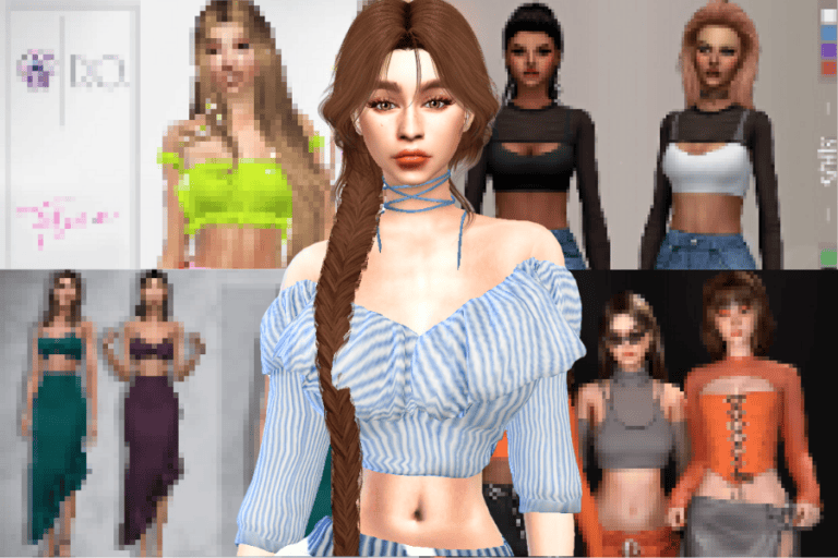Stylish digital avatar of a young woman wearing a blue and white striped off-shoulder top, surrounded by other virtual models, showcasing popular fashion mods for sims, ideal for gaming, fashion, and avatar customization enthusiasts.