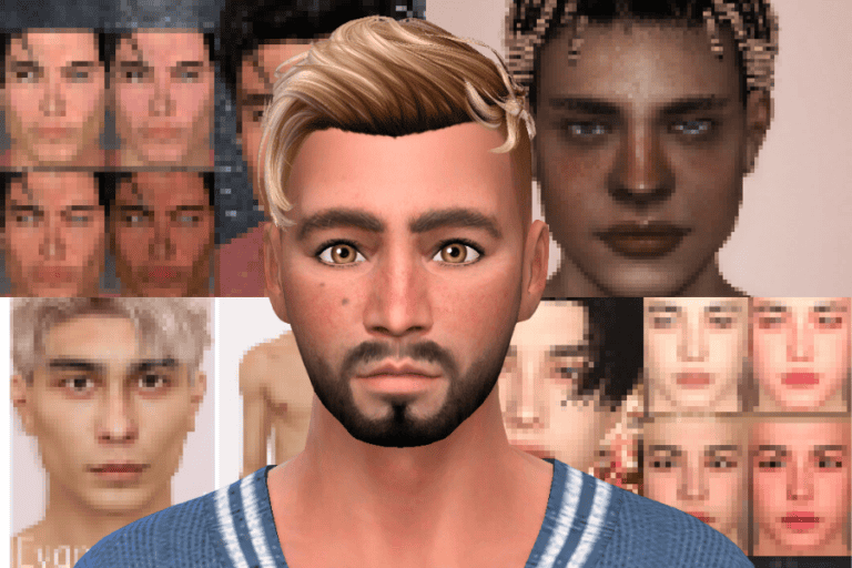 A realistic 3D digital avatar of a young man with styled blonde hair, beard, and blue clothing, surrounded by various customizable facial features and hairstyles, showcasing popular mods for avatar creation.
