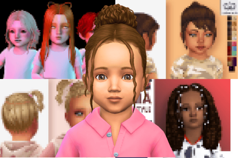 Cute toddler girl with brown hair and pink polo shirt, surrounded by various customizable avatars and modded character skins, showcasing Must Have Mods for Sims and avatar customization.