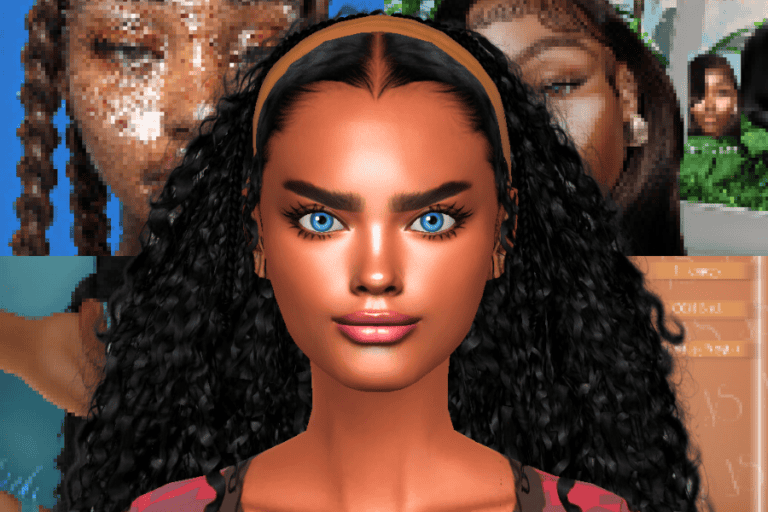 Glamorous woman with curly black hair and bright blue eyes, digital avatar, beauty, makeup, fashion, Must Have Mods design.