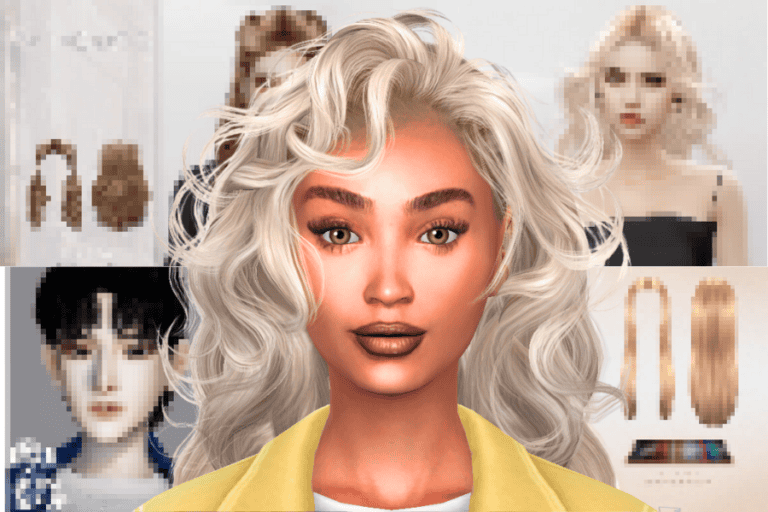 Blonde female avatar with wavy hair and makeup, virtual character customization, digital avatar with hair and fashion modifications.