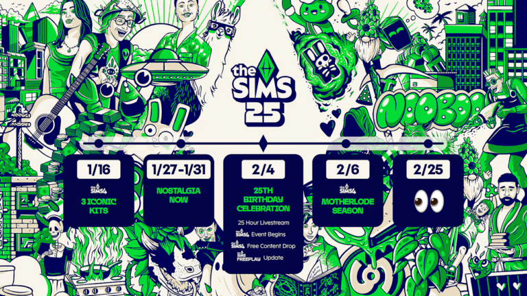Vibrant illustration of The Sims 25 celebration with green and white color theme, featuring characters, gaming elements, and cityscape for SEO-optimized imagery.