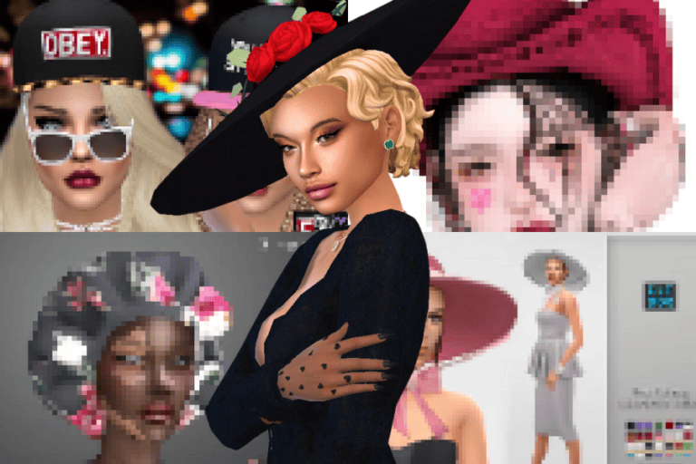 Stylish woman in elegant black dress and large hat with red roses for fashion and beauty digital avatar, showcasing must-have mods for virtual dressing and accessories in the Metaverse and gaming avatars.