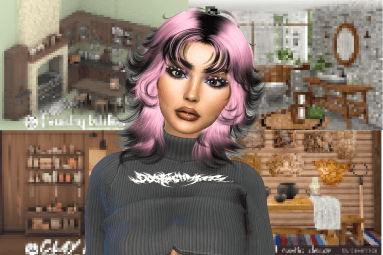 Fashion-forward digital avatar featuring pink and black layered hairstyle and bold makeup, showcasing custom mods for enhanced virtual character customization on Must Have Mods platform.