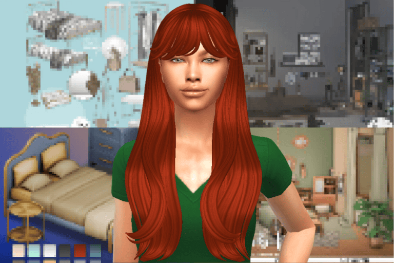 Modern gaming character with long red hair and green shirt in customizable virtual environment, digital avatar for Sims 4 mods and creative gameplay enhancement.