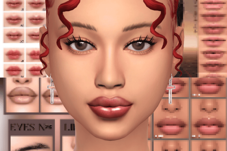 Gamer avatar with customizable makeup and accessories for The Sims 4, digital character creation, virtual fashion, social media profile, avatar customization tools.