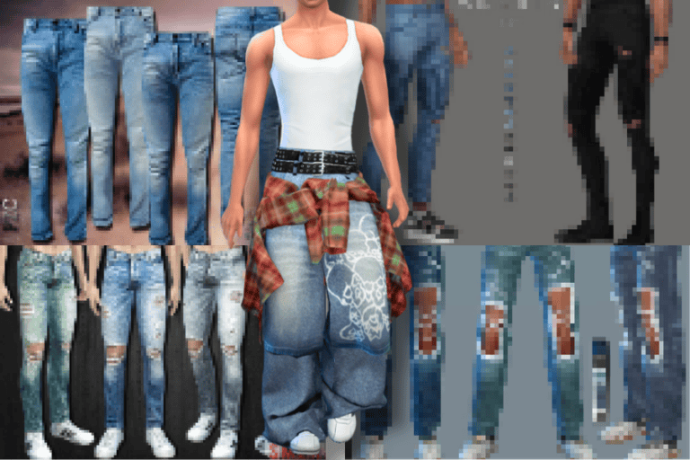 Distressed and ripped jeans with customizable patches, ideal for streetwear fashion and gaming avatars in Must Have Mods.