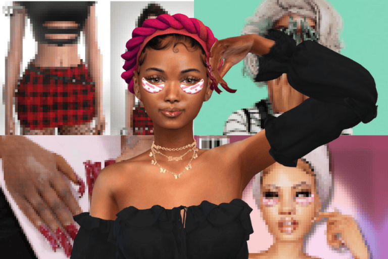 Funny digital art collage showcasing vibrant and trendy digital mod styles for social media, featuring colorful accessories, creative makeup, and pixelated fashion elements for must-have mod looks.