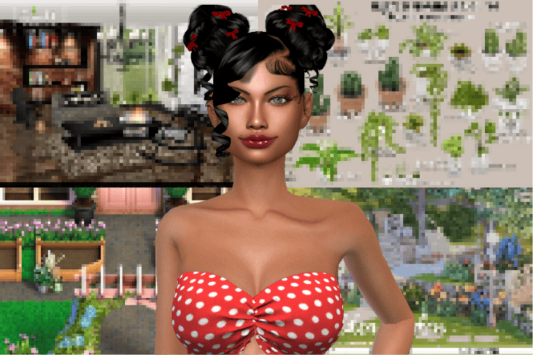 Computer generated woman with curly hair styled in multiple buns with red bows, wearing a red polka dot strapless top, in a digital virtual environment with plant and furniture mod textures in the background.