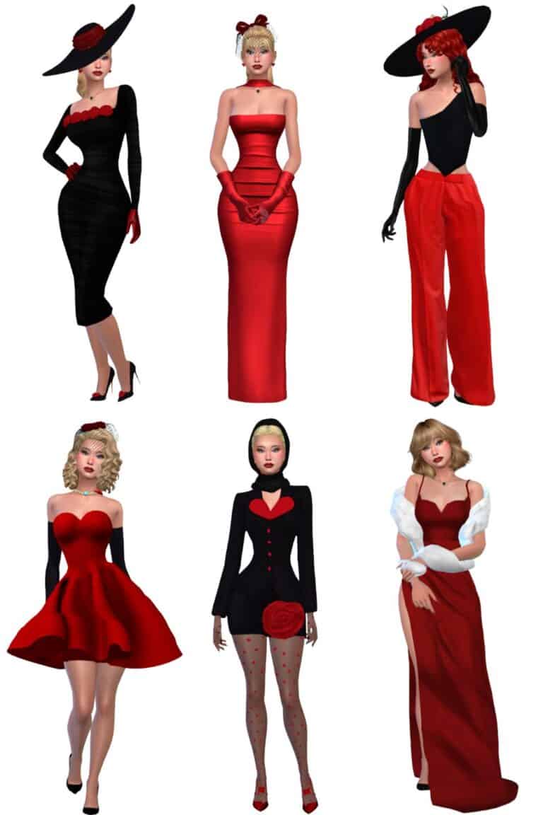 Red elegant fashion outfits for The Sims 4, must-have mods for stylish Sim characters, glamorous red dresses, sophisticated accessories, virtual fashion customization, trendy Sims outfits, red-themed gaming fashion, Sims 4 style upgrades, fashion mods for virtual characters, chic and stylish Sims clothing.