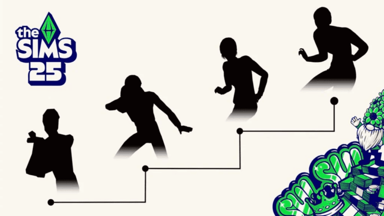 Silhouette of dancing women in different poses, promoting The Sims 25 and popular gaming mods for The Sims.