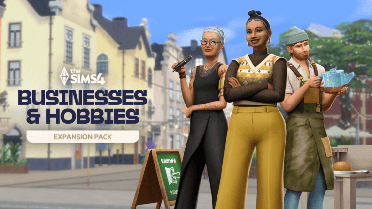 Stylish diverse Sims 4 characters promoting business and hobby expansion pack with vibrant city background.