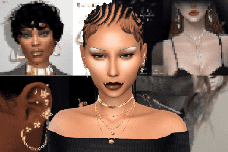 Model wearing trendy digital accessories and hairstyles for virtual customization on Must Have Mods platform.