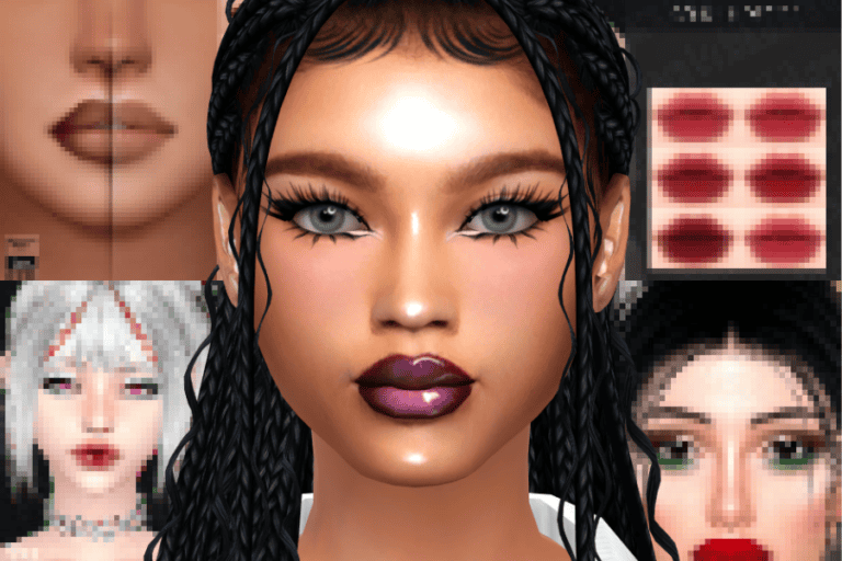 Bold makeup look with dark lipstick and braided hairstyle for customizable avatar styling in The Sims 4.