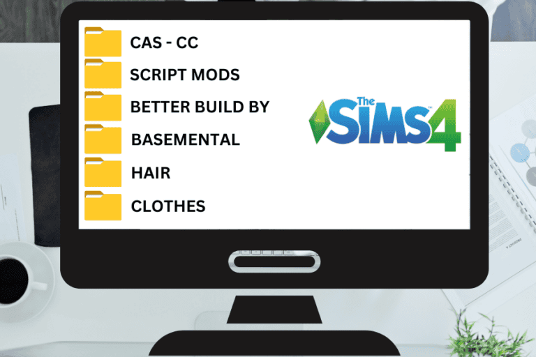 Desktop computer screen displaying Sims 4 game mod folders with colorful icons, focusing on popular custom content and mods for enhanced gameplay experience.