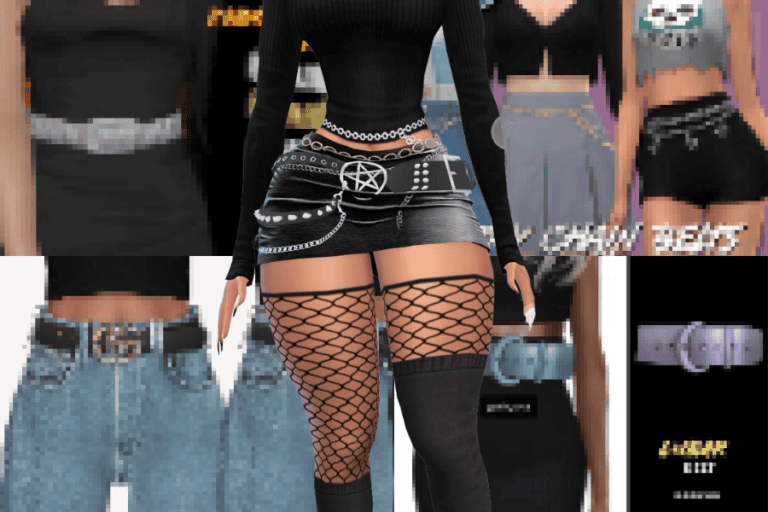 Bejeweled black leather skirt with chain accents and fishnet stockings, stylish virtual fashion outfit from Must Have Mods for Sims 4.