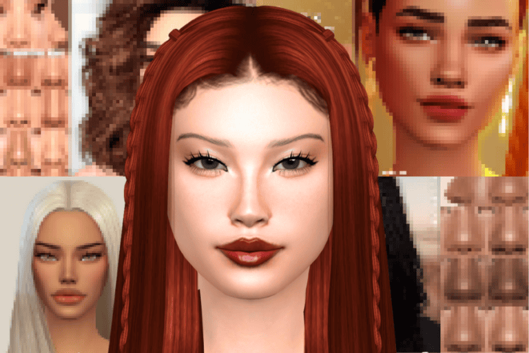 Red-haired female avatar with smooth skin and detailed features, Central image for Sims 4 modding, showcasing customizable hair and makeup options for virtual character creation.