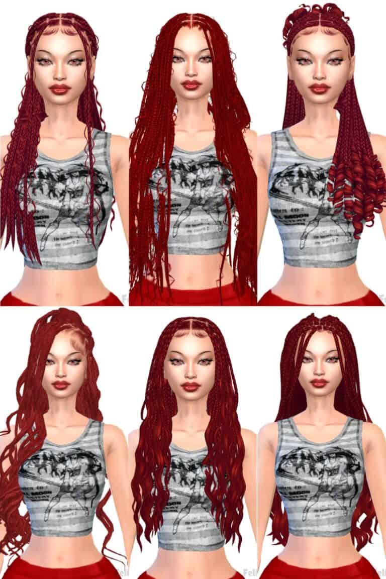 Red braided hair virtual fashion model showcasing popular hairstyles, long dreadlocks, and textured updos for customizable avatar looks, ideal for gaming and social media profiles.