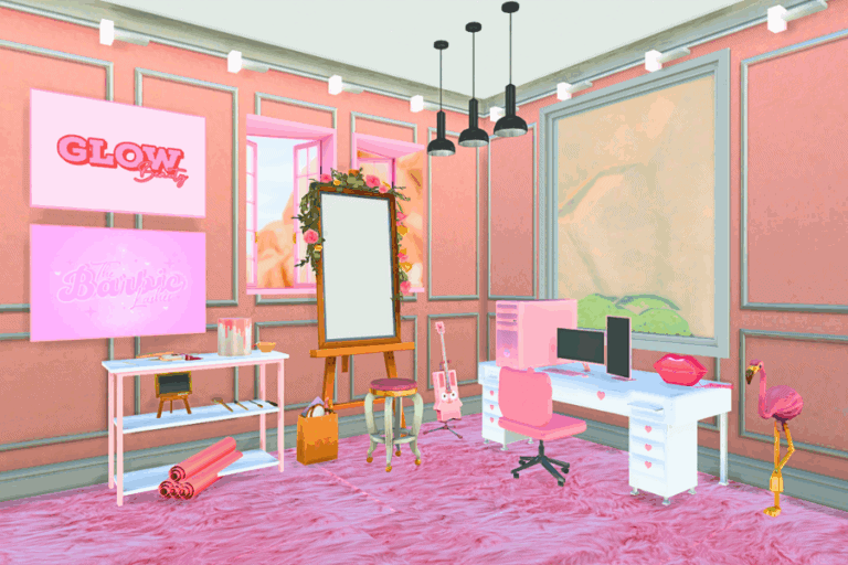 Glow pink neon sign and Barbie-themed decor in a pastel pink home office or gaming room with custom gaming setup and decorative flamingo, perfect for must-have mods and interior upgrades.