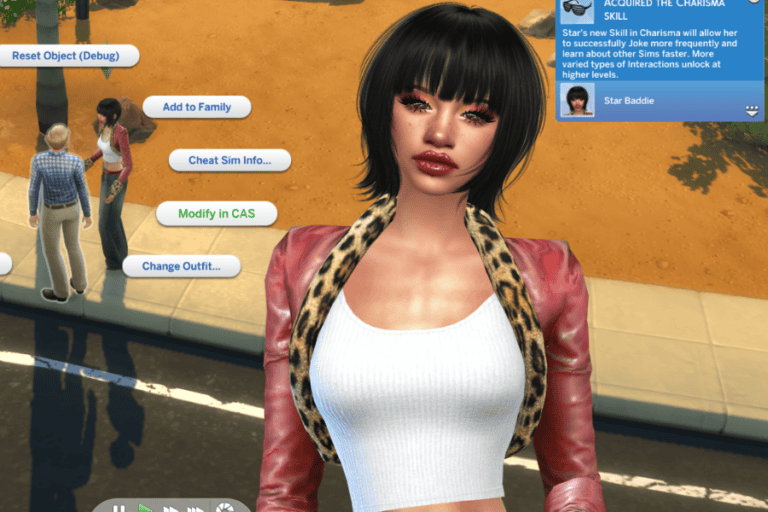 Unisex female avatar with black hair and a stylish leopard print scarf in a vibrant Sims 4 modded gameplay scene, showcasing custom outfits and character customization options for enhanced gaming experience.