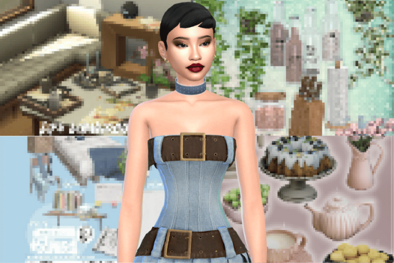 Stylish female avatar with dark lipstick and short black hair in a fashion-forward denim corset with belt, set against a background of modern interior decor, perfect for Sims game mods and custom content.