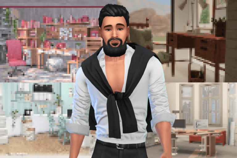 Modern male avatar with stylish casual outfit in virtual interior environment for gaming and social simulation.