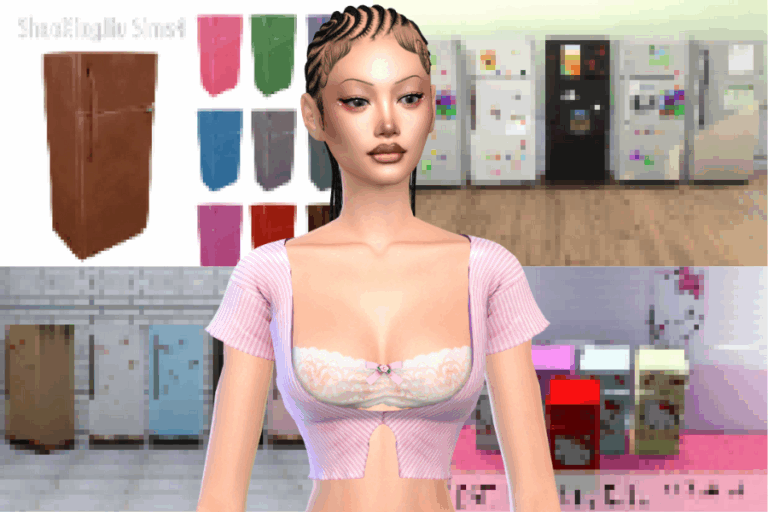 Shirtless Sims young woman in a pink top with lace detail, in a virtual home decor environment featuring refrigerators and cabinet mods, highlighting popular mods for Sims customization and home design.