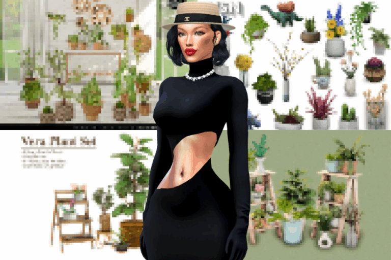 Aesthetic woman in a black cut-out dress with a stylish hat, standing in front of pressed plant displays and lush greenery, showcasing interior and garden decor ideas from Must Have Mods.