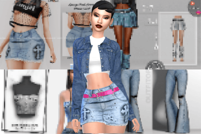 Denim crop top and skirt set, fashionable female avatar, Must Have Mods virtual fashion, trendy gaming apparel, customizable avatar outfit for virtual worlds.