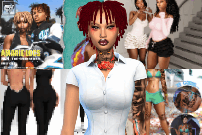 Dreadlock hairstyle on a female character in a white shirt, digital art, Must Have Mods game character customization, vibrant hair color,Edgy fashion accessories, popular avatar mods, customizable gaming avatars, trendy hairstyle modifications, virtual character design, high-quality 3D digital art, gaming mod features, trendy cosplay avatars.